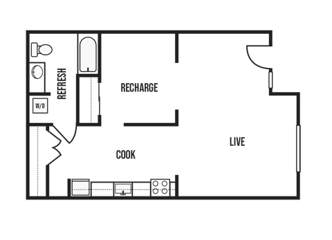 Floor plan for 1 bed, 1 bath, 781 sqft
